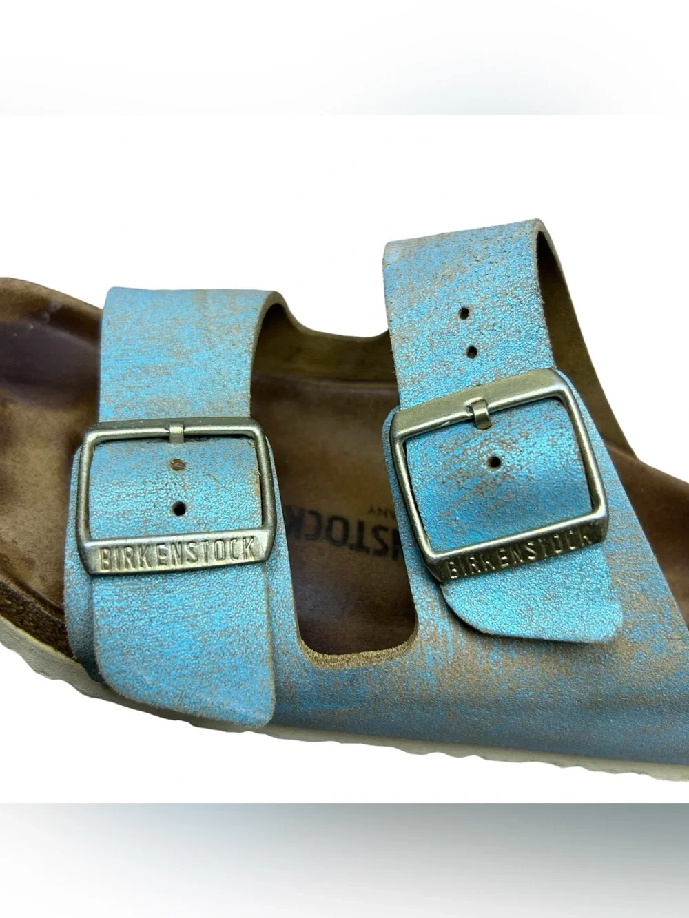 Birkenstock Womens Arizona Washed Metallic Aqua Suede Slides Sandals 38 EU/ 7 US